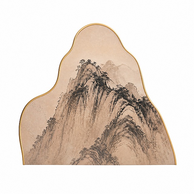 从原图中抠出左侧较大的水墨山水假山美陈（带金色描边的山形装置，上面有水墨黑色山峦图案，最大的那一个），单独放置在纯白色背景上，只保留这个假山美陈本身，去除所有其他元素（枫叶、文字、其他假山、植物、云雾、地面等全部去掉），假山边缘清晰完整，透明背景或纯白背景均可，高清画质。