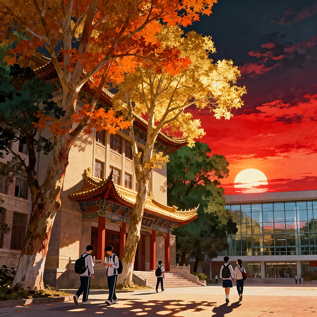 以“校园黄昏”为主题，创作一幅原创插画，风格为国风，画面需突出“黄昏光影、城市建筑、生活气息”三大核心要素。