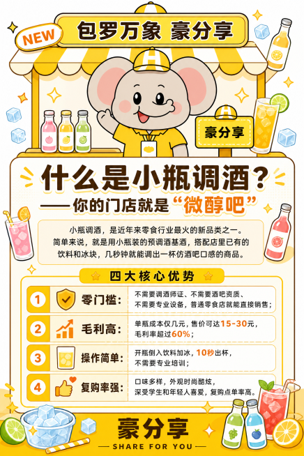 竖版小瓶调酒科普招商图文，整体统一黄色主题，参考图中大象摊位卡通形象，调整大象为黄色衣服、正常肤色皮肤，保留原可爱招手设计，主标题："什么是小瓶调酒？——你的门店就是'微醇吧'"，完整包含文案：小瓶调预览效果