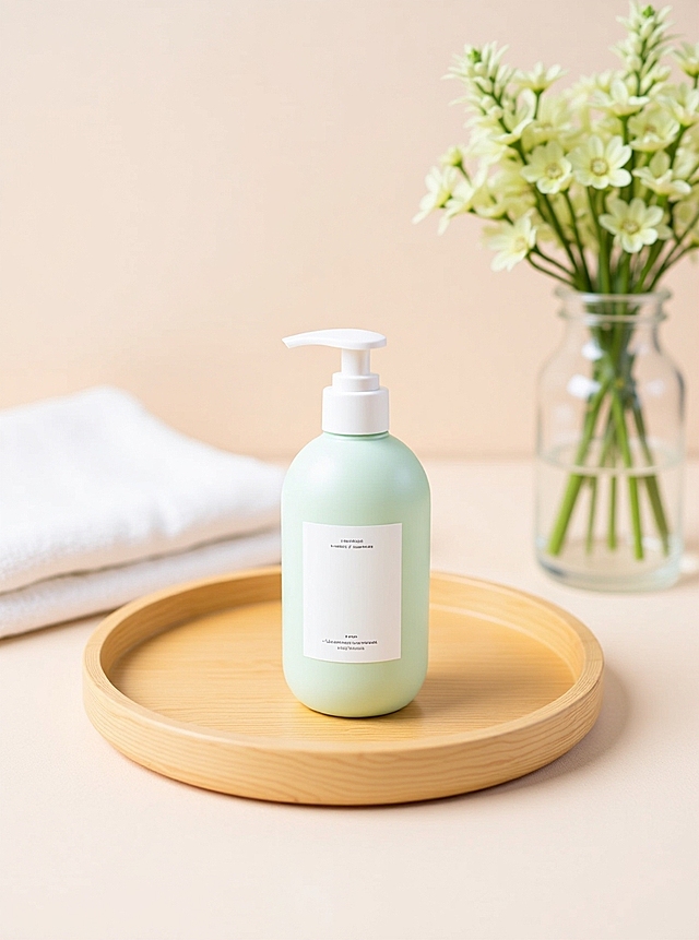 产品放置在浅木色托盘上。背景为柔和浅米色，搭配白色毛巾，以及玻璃瓶和浅绿色花枝条，营造出自然、舒缓的氛围，突出产品的温和与纯净质感。