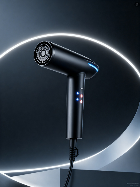保持电吹风产品造型和结构绝对不变，参考这张图的深灰渐变背景和发光灯带设计，生成同样高级科技感的深色调美发吹风机海报，风格保持一致，高级有科技感，深色调，符合美发行业属性预览效果