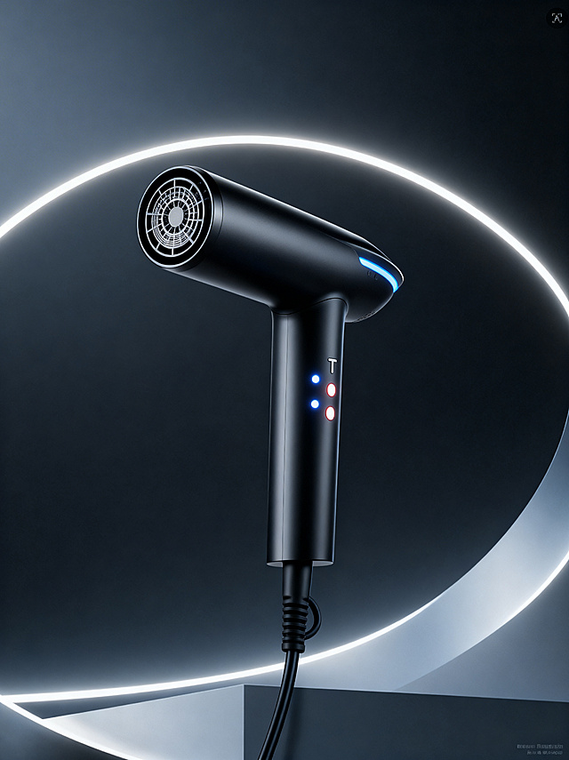 保持电吹风产品造型和结构绝对不变，参考这张图的深灰渐变背景和发光灯带设计，生成同样高级科技感的深色调美发吹风机海报，风格保持一致，高级有科技感，深色调，符合美发行业属性