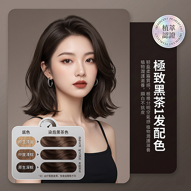图片比例为1：1电商染发产品商业海报，高级轻奢柔雾美妆棚拍摄影，Octane 渲染，8K 超高清，极致细腻画质，柔和全域柔光漫射布光，无生硬阴影，浅景深微虚化干净渐变背景，奶油肌人像质感，发丝根根分明带自然蓬松空气感；画面整体双层圆角矩形渐变底衬，底层浅棕灰渐变圆角背板，上层深哑光棕黑色圆角竖块悬浮画面右侧，右侧色块预留大面积留白用于竖排文字排版；画面主体为位于画面左半区的年轻法式甜酷女生胸像中近景镜头，少女齐肩层次一刀切短发棕黑色大波浪，佩戴黑色锆石耳圈，清透氛围感淡妆，肉桂奶茶哑光唇色，俏皮猫系眼妆，暖调白皙皮肤，身穿黑色紧身吊带辣妹上衣；画面左下角叠加一块浅灰渐变圆角矩形发色对比色卡，色卡顶部带有半圆刻度指示图标，色卡内部横向划分三行对比区域，每行左侧标注底色文字搭配对应发丝发束样本、右侧展示染后棕黑色圆润发束样本，发束哑光柔顺有细腻棕调光泽；画面右上角悬浮一枚圆形幻彩珠光渐变徽章贴纸，徽章内带有装饰性文字；整体配色低饱和棕调高级色系，背景跟着头发颜色调整为适配棕黑色的低饱和棕灰渐变，背景干净极简无多余杂物，背板为哑光柔雾纸质质感，金属耳饰细腻冷金属反光，发丝哑光柔顺有细腻棕调光泽，皮肤柔光奶油肌通透质感，画面右侧深色竖色块预留区域搭配白色粗体竖排装饰文字、小字说明文案，底部色卡附带小号注释文字，整体是棕黑色植物染发剂宣传商业广告图，光影均匀柔和，人物五官精致俏皮，氛围感干净高级，无杂乱多余物体，商业美妆广告标准质感，细节丰富清晰，排版和参考图一致