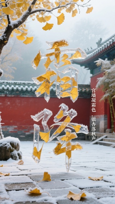 画面主体是由半透明霜晶、金黄银杏叶拼接成的 “霜降” 大字，大字在覆有薄霜的朱红色宫墙枝桠前，枝桠下是铺着浅霜的青石板地面，地面散落几片带霜银杏叶；有小字竖排“ 宫墙凝霜色，银杏落秋声 ”；背景为晨雾预览效果