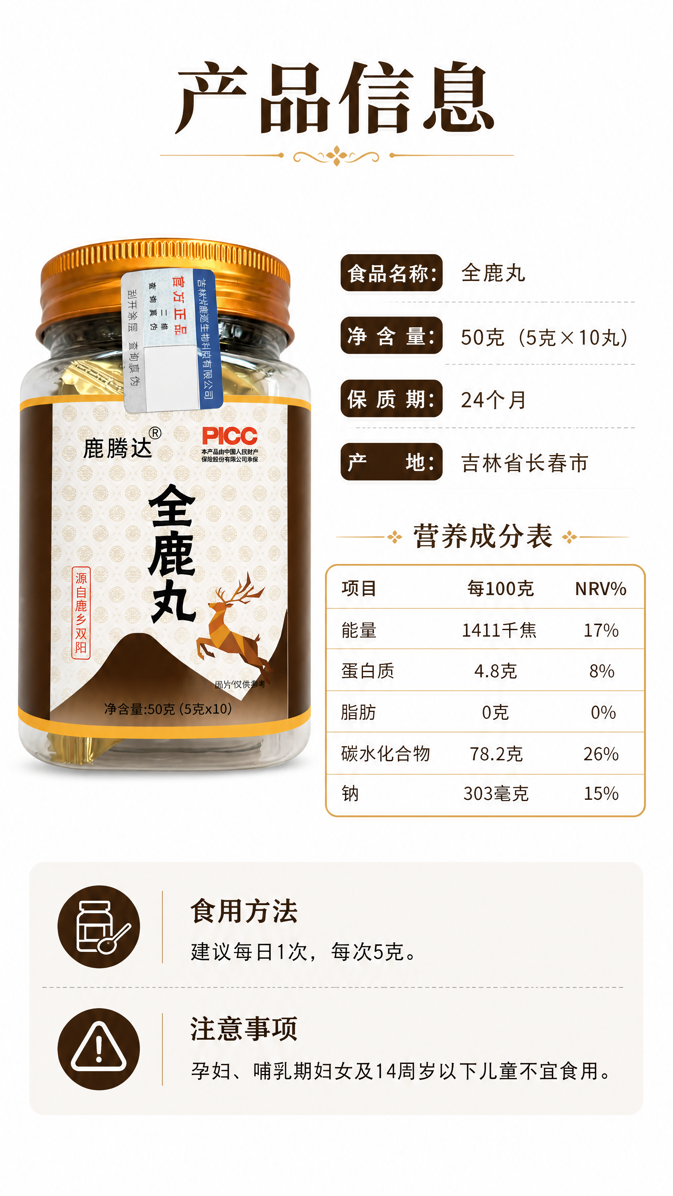 [第4张] 详情页规格信息-全鹿丸产品参数与营养成分说明。本张… - 图片创意预览