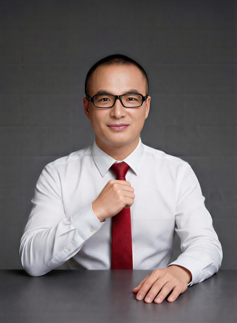 领带换成红色，右胳膊放在桌子上动作要自然预览效果