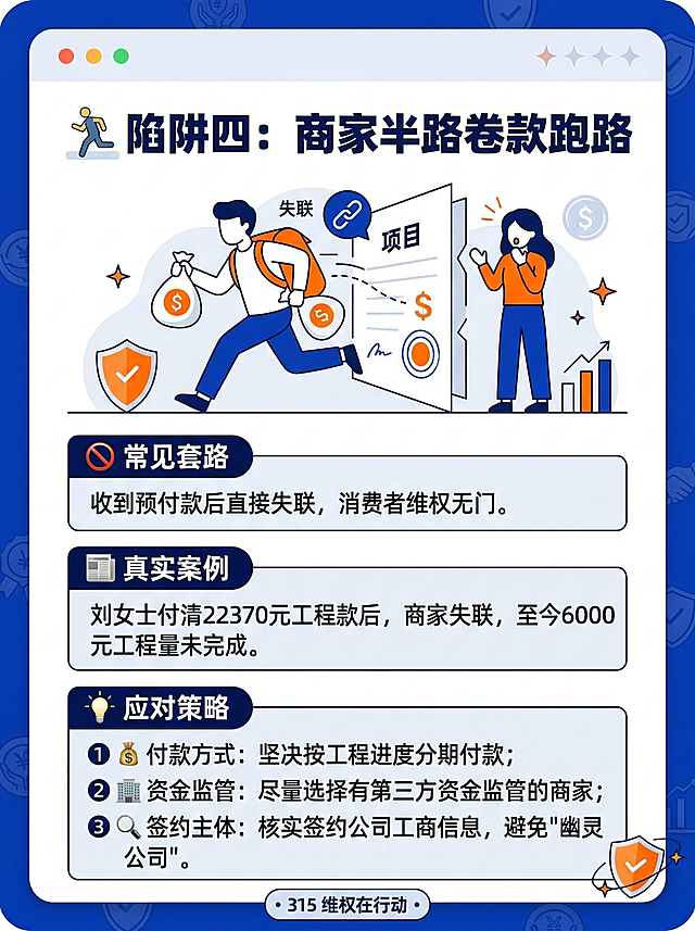 小红书图文风格海报，标题为"🏃‍♂️ 陷阱四：商家半路卷款跑路"，包含文案：常见套路：收到预付款后直接失联，消费者维权无门。真实案例：刘女士付清22370元工程款后，商家失联，至今6000元工程量未完成。应对策略：付款方式：坚决按工程进度分期付款；资金监管：尽量选择有第三方资金监管的商家；签约主体：核实签约公司工商信息，避免"幽灵公司"。保持整体和封面同风格，现代简约图文排版，315维权主题设计