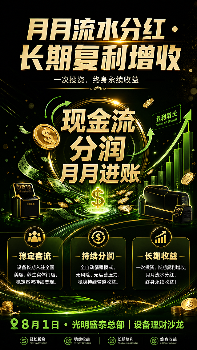 大标题：月月流水分红・长期复利增收
小标题：一次投资，终身永续收益
内容：设备长期入驻全国美容、养生实体门店，稳定客流持续变现。全自动躺赚模式，无风险、无运营压力，稳稳持续管道收益。
底部：8 月 1 日・光明盛泰总部｜设备理财沙龙
风格建议：
黑金 + 绿色收益元素，突出 “赚钱感、现金流感”。不要做成传统金融感，要更年轻、更招商。
排版建议：
背景：深黑到墨绿渐变
中心：放大 “现金流 / 分润 / 月月进账” 视觉符号
大标题：白色或金色粗体
正文：用三枚标签呈现
稳定客流
持续分润
长期收益
底部：时间地点用绿色高亮
素材装饰：
金币符号、流水线条、复利增长图、绿色光效、智能设备剪影、暗色粒子。
