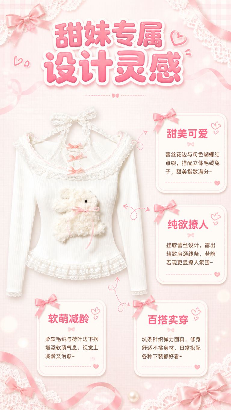 [商品] 使用【图1】白色蕾丝挂脖毛绒兔子长袖上衣；商品处理：… - 图片创意预览
