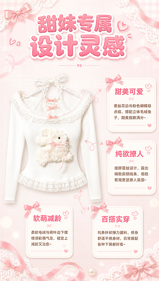 [商品] 使用【图1】白色蕾丝挂脖毛绒兔子长袖上衣；商品处理：保留挂脖蕾丝领口、三个粉色蝴蝶结、胸前立体毛绒兔子、坑条针织纹理、下摆爱心蕾丝荷叶边、长袖版型和白色主色；自然去皱，增强蕾丝精致度和毛绒兔子蓬松感，不改变版型结构。
[画面] 目标：设计理念页，解析甜酷少女风设计灵感；构图：中间偏左放置上衣正面平铺展示，右侧和下方分布4个风格关键词卡片；产品占画面45%；背景为奶白色+粉色格纹底纹，散落蕾丝花边、蝴蝶结、粉色丝带等装饰元素；阅读动线从顶部标题到中间商品再到四周关键词。
[视觉] 套系策略：风格=甜美少女风商业摄影；标题字=圆润可爱粗体字带粉色渐变；正文字=简洁圆润无衬线体；主色=柔粉色+奶白色；背景延展=基于粉白做渐变晕染、蕾丝纹理和柔焦光斑；强调色=蜜桃粉，仅用于小面积图标、引线和标签；标题色=蜜桃粉渐变；正文色=深粉灰；组件=圆角白色信息卡、粉色细丝带引线、蝴蝶结装饰元素；光影=前侧柔光灯效，暖粉色调，软萌氛围感。
[文字] 顶部主标题「甜妹专属 设计灵感」，4个风格关键词卡片：甜美可爱、纯欲撩人、软萌减龄、百搭实穿；每个关键词配简短说明；文字横排，不遮挡上衣关键设计。
[规格] 图片比例9:16竖版，4K分辨率，拼多多风格，避免变形、错字、文字过小、冷蓝背景、衣服颜色改变、版型失真。