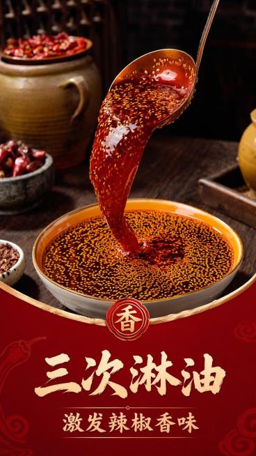 [第4屏] 三次淋油工艺展示-讲解三次淋油激发辣椒香味核心卖点。本屏使用【图7】作为动态效果展示图。
[氛围/风格] 工艺展示风，动态食欲感，红金国风配色，专业美食摄影，突出工艺优势。
[元素布局]预览效果