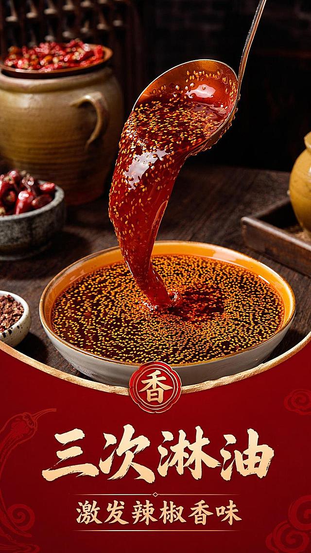 [第4屏] 三次淋油工艺展示-讲解三次淋油激发辣椒香味核心卖点。本屏使用【图7】作为动态效果展示图。
[氛围/风格] 工艺展示风，动态食欲感，红金国风配色，专业美食摄影，突出工艺优势。
[元素布局] 画面下方大红色弧形标题区，上方为动态舀取辣椒油展示（使用【图7】），动态舀起的辣椒油占比约70%，保留辣椒油动态流动性和芝麻颗粒质感，动态效果自然真实。
[光影质感] 侧光突出红油光泽和流动质感，明暗对比让辣椒油更有食欲，背景暗调突出主体。
[配色色系] 全局底色 #3A2417 深棕色，主色大红色标题，米白色文字，主体红棕色辣椒油，层次分明。
[视角构图] 竖向居中构图，动态辣椒油为主体视觉，标题在下方稳定构图，阅读从上到下。
[文字版式] 下方弧形红色区块放置主标题「三次淋油」，副标题「激发辣椒香味」，字体风格和之前一致，米白色字清晰不拥挤，不遮挡动态主体。
[比例分辨率] 9:16 竖版比例，4K分辨率，文字清晰可辨，高清画质。
[负向提示词] 动态变形，文字错乱，颜色偏淡，背景杂乱，产品模糊，结构错误