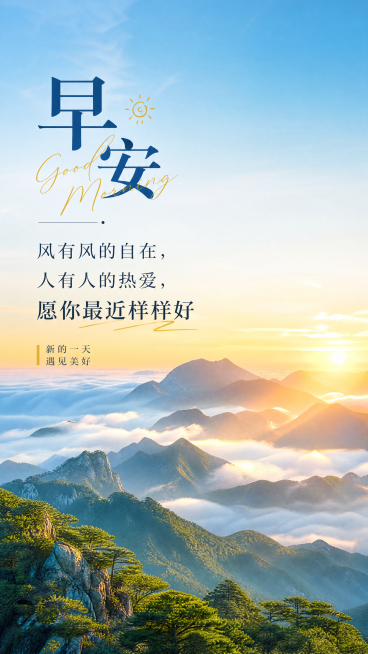 一张以青山为主景的早安图，清晨山间云雾缭绕，阳光洒向山峦，整体开阔清新，画面中清晰加入文案："风有风的自在，人有人的热爱，愿你最近样样好"。风格大气治愈，适合分享。预览效果