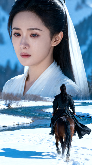 近景画面，马蹄幻影踏过雪地，身着白纱的东亚女子眼含泪光神色克制，穿玄色剑袍的男子背影逐渐远去，衣袍在风中飘扬，背景是银蓝色调的壮丽雪原与河流，色彩艳丽，写实电影唯美风格，无违规内容。预览效果