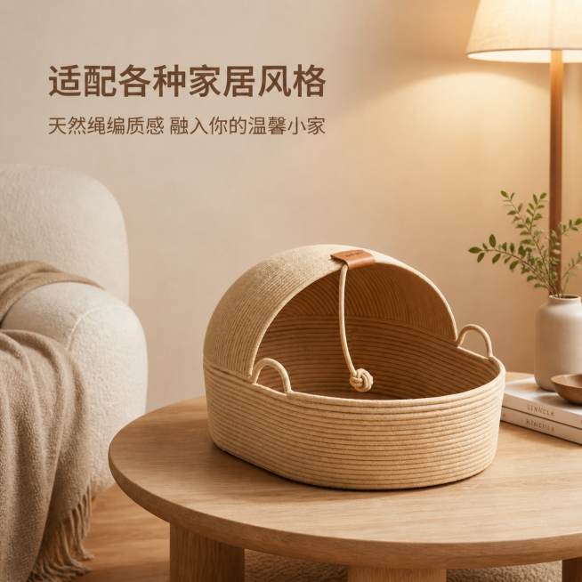 1:1 竖版电商主图，严格还原上传的天然绳编半封闭猫窝产品，包括浅卡其色绳编材质、半封闭穹顶造型、顶部棕色皮质标、绳结装饰、两侧提手等所有细节，产品外观、配色、材质质感完全与参考图一致，保持哑光绳编的预览效果