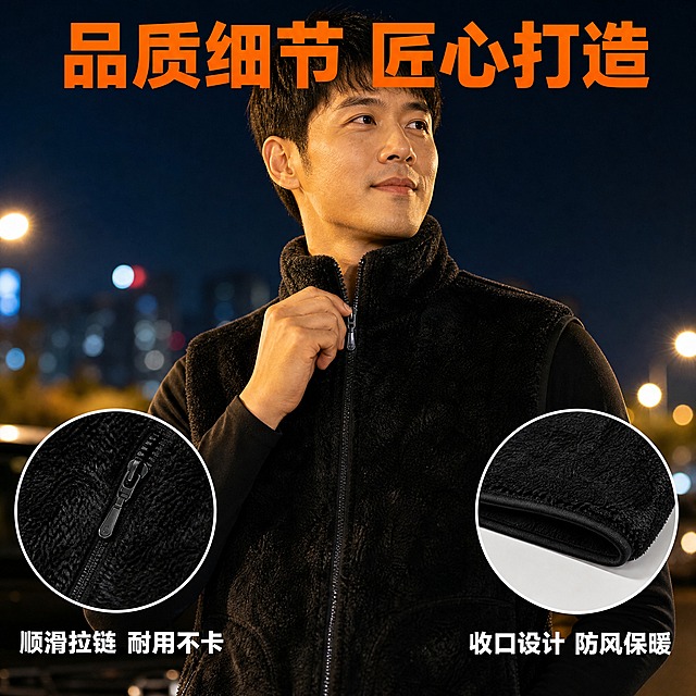 [主图-4] 细节特写展示图，主题：品质细节看得见。
[统一基调] 整体风格为真实户外夜景摄影风格，背景主色为深蓝夜色，标题字色为亮橙色，辅助字色为白色，字体为粗黑体无衬线，字号层级分明。
[画面] 同一位30岁左右亚洲男性代驾司机穿着同款黑色毛绒立领拉链智能电加热马甲，上半身特写，马甲占据画面主体。重点展示三个细节：立领拉链处的精致做工（主画面），左侧口袋拉链细节（左下圆形放大框），马甲下摆收口细节（右下圆形放大框）。人物右手轻拉拉链头展示拉链顺滑，背景是虚化的夜晚城市街景，暖黄色路灯光打在马甲毛绒材质上，质感突出。
[光影质感] 真实夜景近景摄影质感，侧光突出毛绒面料的蓬松纹理和立体质感，拉链金属光泽自然，服装褶皱真实，背景虚化形成美丽光斑。
[配色] 深蓝夜色背景，亮橙色标题，白色说明文字，黑色毛绒马甲，暖黄光照亮产品细节，冷暖对比突出质感。
[文字版式] 画面上方亮橙色粗黑体大标题"品质细节 匠心打造"，两个圆形放大框旁各配白色小字说明"顺滑拉链 耐用不卡""收口设计 防风保暖"，文字简洁，不遮挡产品细节。
[输出要求] 比例1:1，2048*2048，文字清晰可读，人物自然不僵硬，产品外观与输入图一致无变形，无错字，无模糊，无水印，无平台logo，人物面部正常无扭曲，手指正常无畸形。