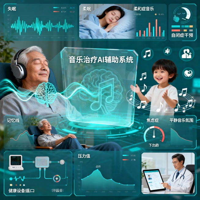 以“音乐治疗 AI 辅助系统（面向康复场景）”为设计主题，核心功能：结合用户健康数据（如睡眠质量、压力值、康复进度），AI 推荐或定制具有治疗属性的音乐方案，同步生成医生可参考的使用报告。 应用场景：预览效果