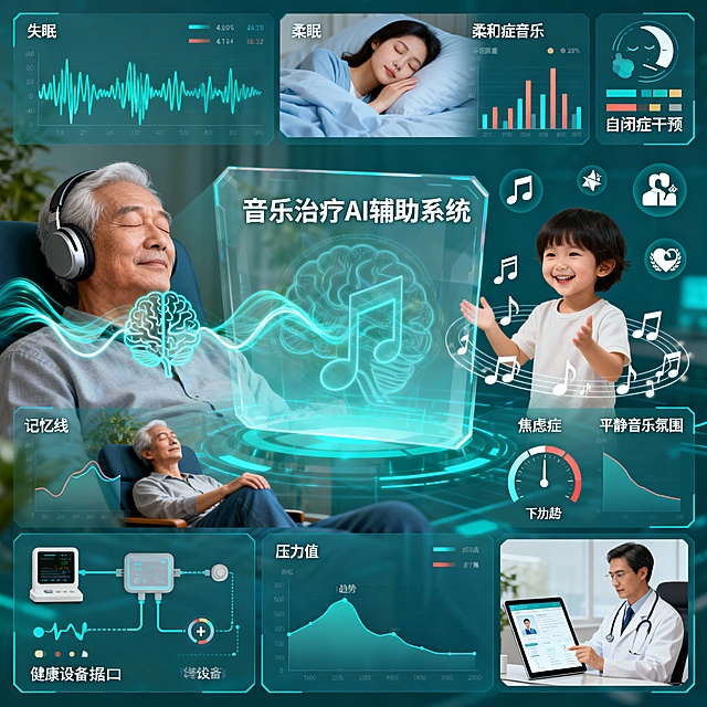 以“音乐治疗 AI 辅助系统（面向康复场景）”为设计主题，核心功能：结合用户健康数据（如睡眠质量、压力值、康复进度），AI 推荐或定制具有治疗属性的音乐方案，同步生成医生可参考的使用报告。 应用场景：失眠改善、老年痴呆辅助康复、焦虑症缓解、儿童自闭症干预。 可实现性：对接健康设备数据接口，基于音乐治疗临床数据库训练推荐模型，合规门槛低于纯医疗设备。