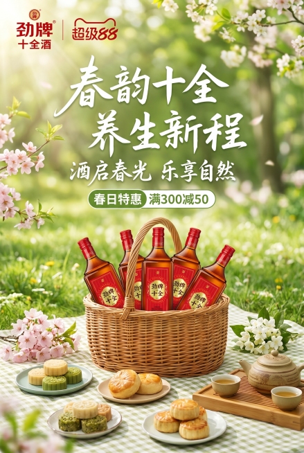 参考图一的海报结构，设计劲牌十全酒的电商促销海报，采用户外春季野餐场景，绿色草地背景，将劲牌十全酒放在藤编野餐篮中，搭配中式茶点和鲜花，保留顶部logo和促销信息区域，主标题使用书法字体，整体风格清新预览效果