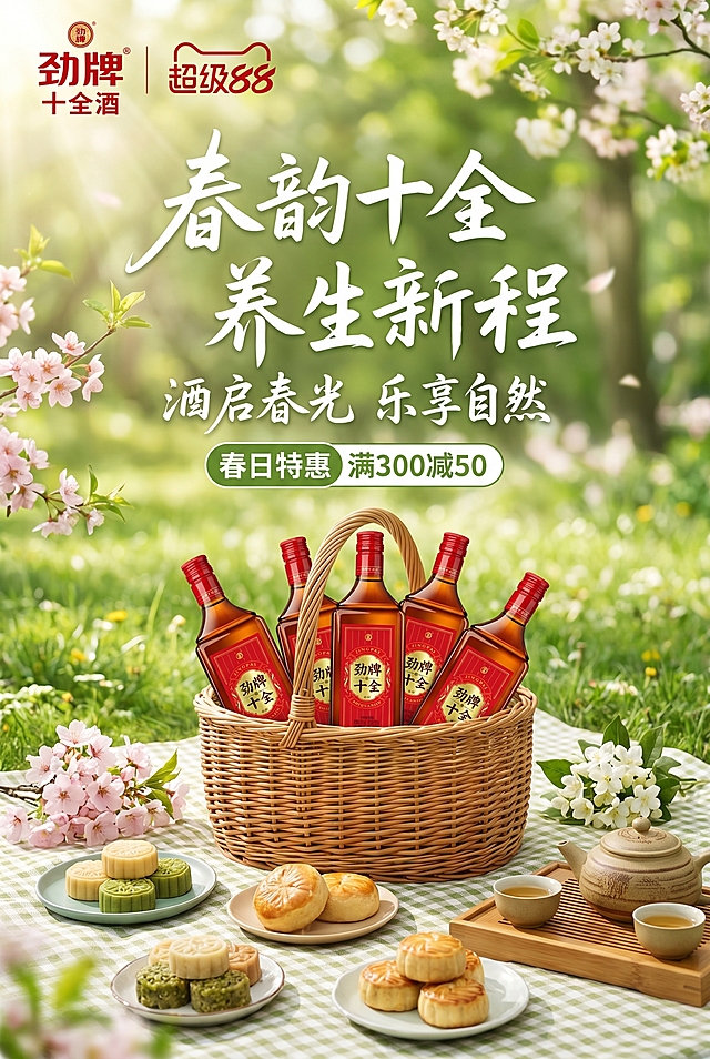 参考图一的海报结构，设计劲牌十全酒的电商促销海报，采用户外春季野餐场景，绿色草地背景，将劲牌十全酒放在藤编野餐篮中，搭配中式茶点和鲜花，保留顶部logo和促销信息区域，主标题使用书法字体，整体风格清新自然，春季氛围浓郁，不要和原图内容完全一致
