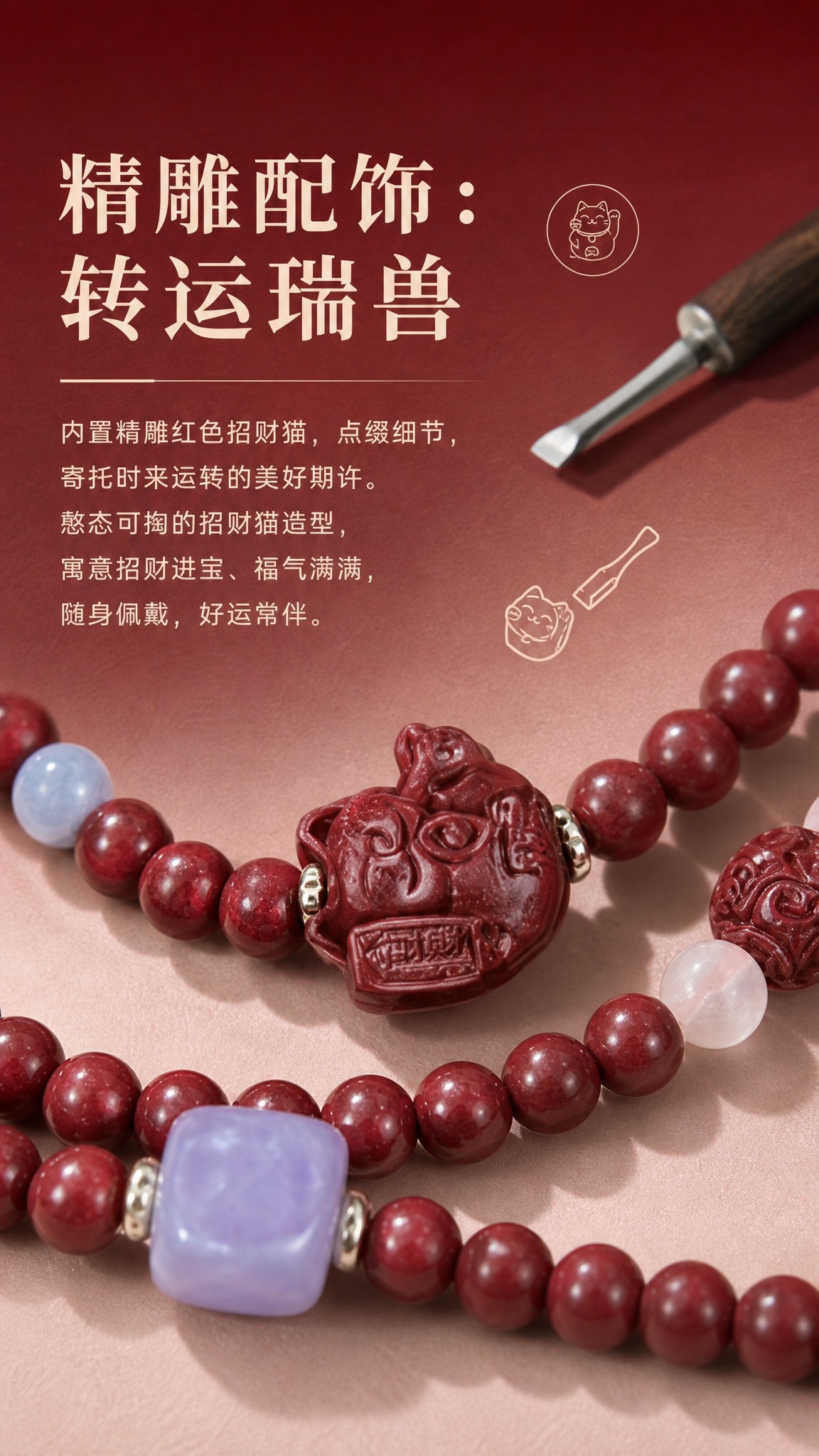 电商详情页卖点图，精雕招财猫卖点，9:16竖版，高级酒红到裸粉… - 图片创意预览