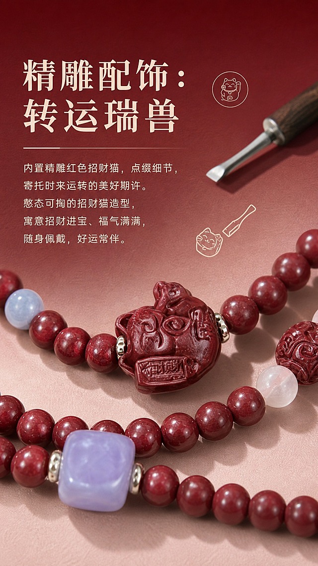 电商详情页卖点图，精雕招财猫卖点，9:16竖版，高级酒红到裸粉渐变背景带纸质感纹理，特写展示手串上的招财猫雕刻件细节，面部表情、钱币纹路清晰可见，配雕刻刀/福猫图标，大标题文字"精雕配饰：转运瑞兽"，正文文字"内置精雕红色招财猫，点缀细节，寄托时来运转的美好期许。憨态可掬的招财猫造型，寓意招财进宝、福气满满，随身佩戴，好运常伴"，光影突出雕刻立体感，产品外观与参考图完全一致