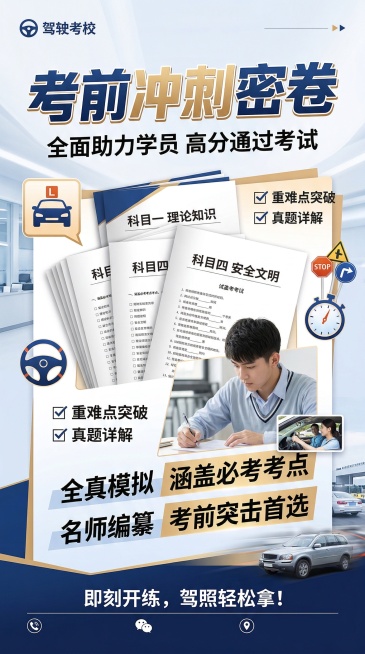 驾考宣传海报，主标题醒目文字"考前冲刺密卷"，重点突出试卷主题，整体风格专业大气，适合驾照考试冲刺备考宣传，排版清晰，文字醒目，氛围感强烈。预览效果