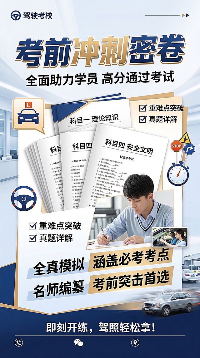 驾考宣传海报，主标题醒目文字"考前冲刺密卷"，重点突出试卷主题，整体风格专业大气，适合驾照考试冲刺备考宣传，排版清晰，文字醒目，氛围感强烈。