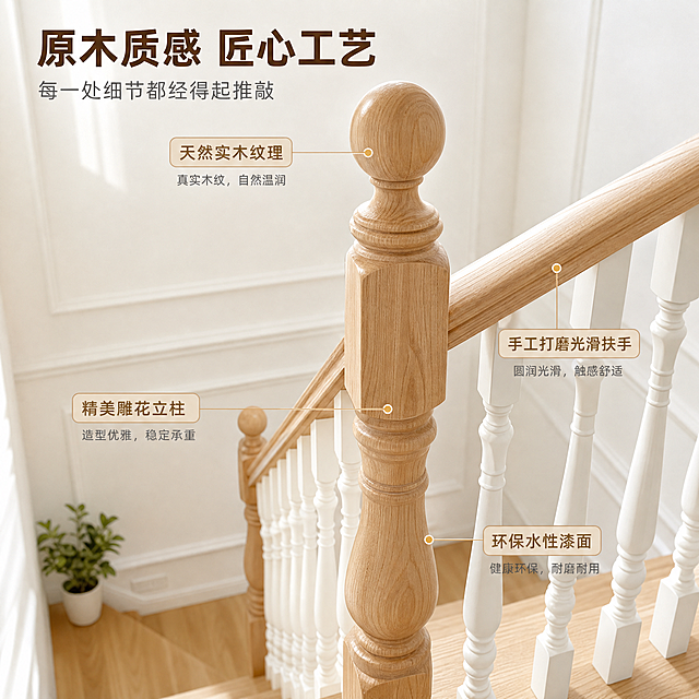 [主图-3] 实木楼梯材质与工艺细节特写，突出原木质感、精细做工与通透轻盈的视觉效果。
[统一基调] 原木治愈风，整体暖调自然光，主色为原木色+奶白色，标题字色为深木色，辅助字色为暖灰色，强调色为浅原木色；字体为简洁无衬线中文字体，标题加粗，字号层级分明；满版无边框，文字直接贴在场景负空间。
[画面] 画面以中近景角度展示楼梯转角处的实木扶手与立柱细节，原木色大立柱雕刻精美，球形柱头圆润饱满，白色小柱造型优雅通透，扶手表面光滑木纹清晰。场景为白色护墙板墙面+原木色地板的家居空间，角落有一小盆绿植点缀，阳光柔和洒入。画面以细节特写为重点，用细线引线标注4处关键工艺细节：「天然实木纹理」「手工打磨光滑扶手」「精美雕花立柱」「环保水性漆面」。画面整体传递精致工艺与治愈质感。
[光影质感] 柔和侧光，突出木纹的凹凸质感与扶手的光滑弧度，立柱雕刻细节清晰，白色小柱干净通透，整体温润有质感。
[配色] 原木色、奶白色、白色墙面为主，深木色标题文字，引线为浅原木色细线条。
[文字版式] 画面顶部左侧主标题「原木质感 匠心工艺」，副标题「每一处细节都经得起推敲」；4处引线标注均匀分布在立柱与扶手周围，文字简洁清晰；整体文字不遮挡核心细节部位。
[输出要求] 1:1正方形，2048x2048，2K高清，材质细节清晰，木纹真实，文字清晰可读；禁止出现水印、平台Logo、错字、材质失真、颜色偏差。