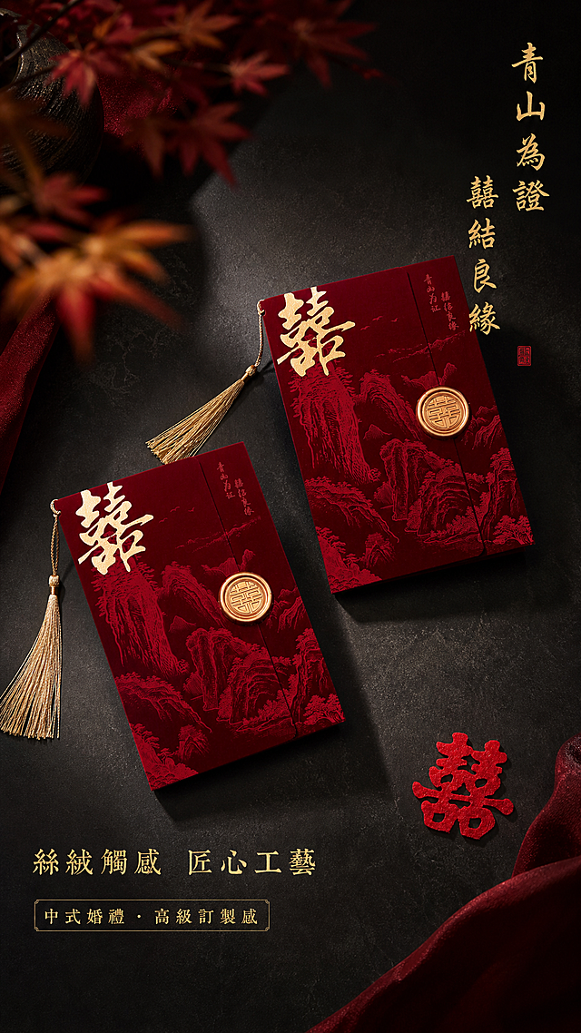 [第2屏] 場景種草-中式婚禮桌面場景沉浸式展示。本屏使用【圖6】作為商品主體。
[氛圍/風格] 中式典雅婚禮場景，深調高級質感，電影級光影，喜慶而不俗氣。
[元素布局] 兩款大小絲織喜帖斜向擺放於深灰色質感檯面，左上有紅楓葉虛化前景，右下角有紅色絨布囍字剪紙點綴；喜帖保留燙金囍字、流蘇吊墜、山水暗紋、火漆印全部細節，產品結構顏色與輸入圖一致；背景深灰漸隱，突出產品層次。
[光影質感] 右上方側逆光打亮，左側輔光補充，絨布質感細膩，金屬燙金與火漆印高光清晰，檯面有柔和倒影。
[配色色系] 全局底色 #2B2B2B 深灰漸變；主色酒紅 #8B0000、香檳金 #D4AF37；輔助色深灰、紅楓葉橙紅。
[視角構圖] 45度俯視斜角構圖，雙喜帖形成對角線動線，閱讀順序右上標題 → 中央產品 → 左下文案。
[文字版式] 版式為右上豎排標題 + 中央產品 + 左下橫排副文案。繁體中文。主標題豎排「青山為證 囍結良緣」，金色楷書；副標題「絲絨觸感 匠心工藝」；底部小標籤「中式婚禮 · 高級訂製感」；文字不遮擋產品主體。
[比例分辨率] 9:16 豎版比例，2K分辨率，文字清晰可辨，高清畫質。
[負向提示詞] 產品變形，缺件錯件，顏色偏差，水印，文字錯亂，產品圖模糊，背景雜亂，簡體字。