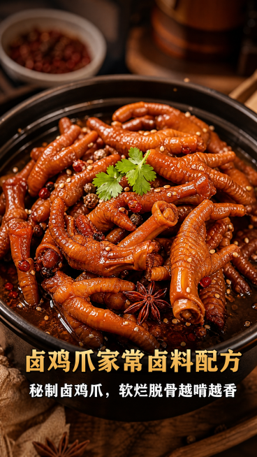 美食实拍图，卤锅中盛放着秘制卤鸡爪，软烂脱骨，画面带有两行文字：第一行"卤鸡爪家常卤料配方"，第二行"秘制卤鸡爪，软烂脱骨越啃越香"，文字位于画面中线偏下位置，美食特写，暖色调，高清写实预览效果