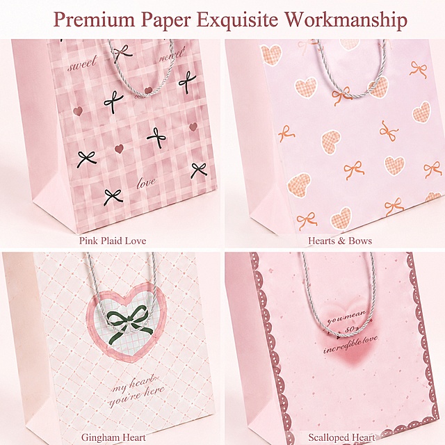 [第2屏] 细节工艺展示，Close-up detail display of four pink gift bags. 本屏使用【图1】作为参考生成。
[氛围/风格] Real texture focus, clean soft light, high definition commercial detail photography. 
[元素布局] One gift bag per quadrant, close-up focusing on the surface pattern and paper texture. Each section clearly shows pattern details, paper material thickness and side workmanship. All patterns, colors and structures remain 100% consistent with the input image, no modification. No extra decorations, no watermark. 
[光影质感] Side soft main light, highlight paper texture and natural fiber texture, auxiliary light fill shadow, clear level, no harsh shadow. 
[配色色系] Global light pink gradient background #fef8f9, main color original product pink, auxiliary color off-white paper. 
[视角构图] 45-degree close-up perspective, each quadrant shows one detail, clear reading path. 
[文字版式] Top title "Premium Paper Exquisite Workmanship", bottom each quadrant labels pattern name, text is small but clear, does not block product details. 
[比例分辨率] 1:1 square ratio, 4K resolution, high definition. 
[负向提示词] deformation, pattern change, color distortion, watermark, text mess, blurred texture