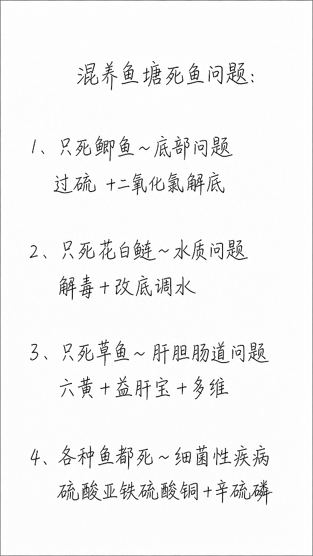 保持原图片的手写钢笔字体风格和黑白颜色风格，白色纸张背景，去掉中国海洋大学校徽和校名。将纸张上的文字内容替换为以下内容，一字不差，排版布局合理美观，标题稍大居中：

混养鱼塘死鱼问题:

1、只死鲫鱼~底部问题
过硫 +二氧化氯解底

2、只死花白鲢~水质问题
解毒+改底调水

3、只死草鱼~肝胆肠道问题
六黄+益肝宝+多维

4、各种鱼都死~细菌性疾病
硫酸亚铁硫酸铜+辛硫磷