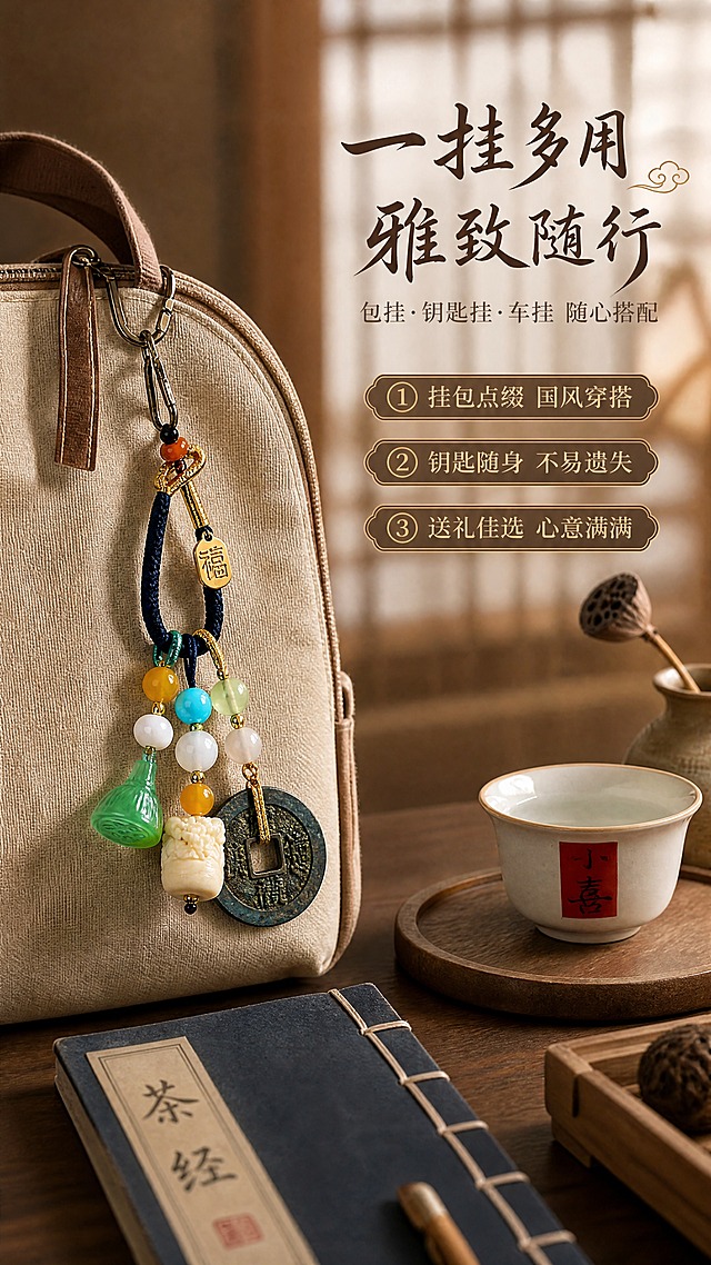 [商品] 使用【图1】祥符通宝古币多宝串挂饰；保留完整结构：藏青编绳、金色福字牌、东陵玉绿色莲蓬、白菩提根雕刻醒狮、祥符通宝青铜色古币、各色配珠；保留各部件颜色、材质和比例；将挂饰自然悬挂在帆布包拉链/钥匙扣上，呈现真实使用状态，不改变商品结构。
[画面] 页面目标：场景种草，展示挂饰作为包挂/钥匙挂的日常使用场景，传递生活美学；构图竖版9:16，左上方挂饰悬挂在米色帆布包/复古钥匙上，占画面约40%；右侧和下方为茶桌/书房桌面场景，含茶杯、线装书、木质托盘等道具；阅读动线从右上标题到左下产品，前中后三层，背景虚化窗格光影。
[视觉] 套系策略：风格=东方新中式禅意商业摄影；标题字=国风手写书法体；正文字=现代细宋体；主色=暖木棕+藏青+玉绿；背景延展=基于暖木棕做深浅层级、同色渐变和原木/宣纸质感；强调色=鎏金色，仅用于小面积图标、引线和福字高光；标题色=深墨褐；正文色=暖炭灰；组件=圆角描金信息卡、细金线引线、祥云小图标；光影=左前侧暖柔光，柔和阴影，温润通透。
[文字] 右上主标题「一挂多用 雅致随行」，副标题「包挂·钥匙挂·车挂 随心搭配」，下方3个使用场景卖点：「「① 挂包点缀 国风穿搭」「② 钥匙随身 不易遗失」「③ 送礼佳选 心意满满」，文字区不遮挡挂饰主体，全部横排。
[规格] 图片比例9:16竖版，4K分辨率，淘宝/天猫详情页适配，避免变形、错字、文字过小、冷蓝背景、商品部件缺失、颜色失真、绝对化用语。