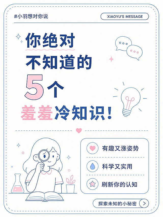 参考图一的简约线条插画风格，浅蓝色线条配粉色点缀，浅色干净背景，给图二的文案进行排版，文案内容为：#小羽想对你说 XIAOYU'S MESSAGE "你绝对不知道的5个羞羞冷知识!"，下方列表：有趣又涨姿势、科学又实用、刷新你的认知，右下角：探索未知的小秘密，保持所有文案内容完整，保持图二的图文排版结构，整体简约干净，比例3:4