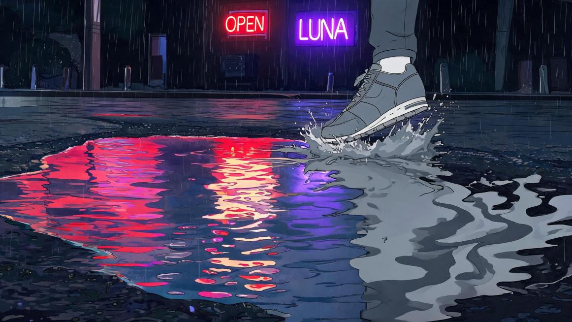 画面中是一个下雨的街道上的水坑，红色和紫色鲜艳的霓虹灯光在水面闪烁。一只灰色的鞋子踏入了水中，那些鲜艳的色彩瞬间变成了肮脏的灰色墨水，然后逐渐溶解。高对比度、流体动力学效果，二维艺术风格。2D超现实动预览效果