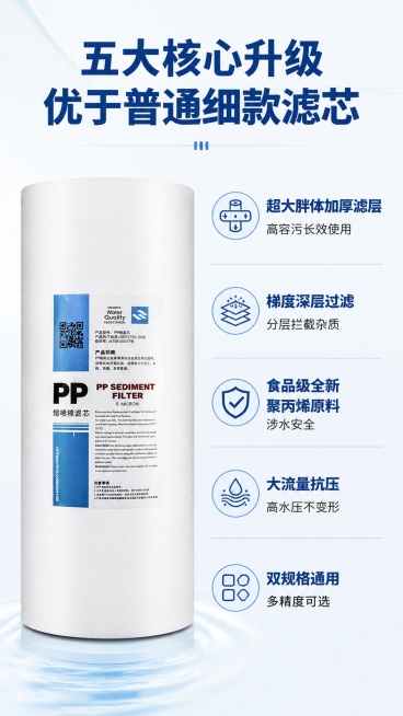 [第3屏] 核心优势总览-大胖PP棉五大核心升级。本屏使用【图1】作为产品主体。
[氛围/风格] 清晰卖点排版，专业科技风，干净清爽，图文并茂。
[元素布局] 顶部是主标题，左侧放置大胖PP棉滤芯产品预览效果