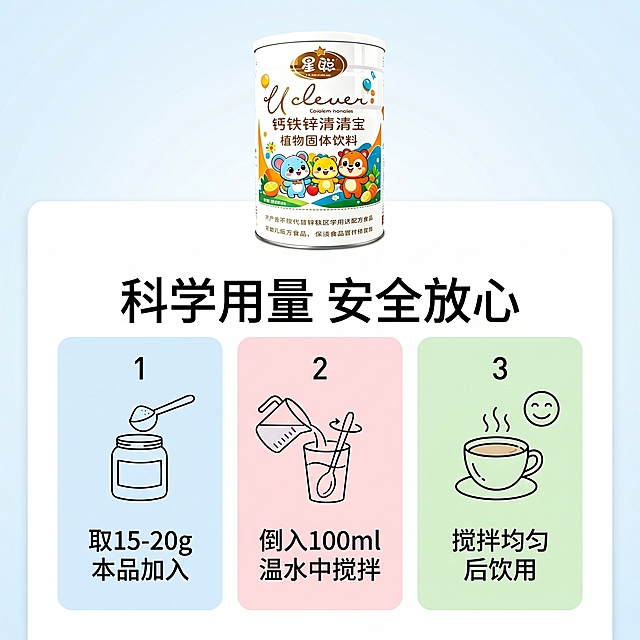 [主图-6] 详细食用方法说明图。[氛围风格] 清晰直观，方便易学。[画质] 商业摄影质感、光线柔和通透、产品清晰真实、画面干净高级。[元素] 产品罐放置在上方，下方分三个步骤展示冲调方法：1 取15-20g本品加入；2 倒入100ml温水中搅拌；3 搅拌均匀后饮用，搭配对应简笔画小图标。保持产品外观与输入产品图绝对一致，杜绝任何变形和色差。画面满屏无边框。[光影] 均匀明亮，每个步骤都清晰展示。[配色] 浅蓝浅粉浅绿搭配不同步骤，柔和区分，整体干净卫生。[视角构图] 上方产品，下方步骤分三栏排列，中心对称构图。[文字版式] 顶部大字标题："科学用量 安全放心"，步骤用数字+图标+文字说明，字体大小层次分明，清晰易读。[比例分辨率] 1:1 比例，2k 分辨率；文字清晰可辨，超高清。[负向提示词] 变形，水印，文字错乱，产品图模糊，背景杂乱。