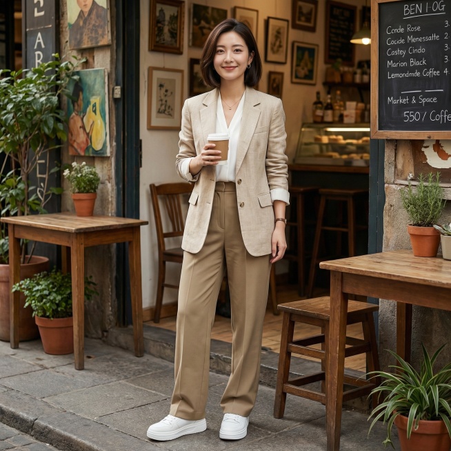 生成这双厚底小白鞋搭配卡其色西装裤的穿搭场景图，年轻女性穿着，背景是文艺咖啡馆门口，轻熟干练风格预览效果