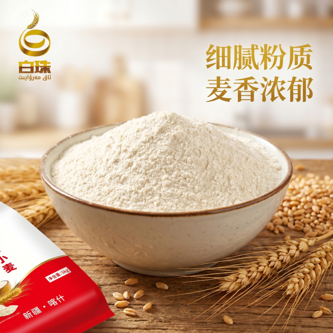 「图片1」，生成一套主图（5张），「图片1」「图片1」「图片1」左上角放置商品LOGO 顶部：新疆特产 上面：白珍珠精致粉 左边：纯正0添加、甄选一等原粮、天然浓郁麦香三个卖点 中间：产品宣传照片正面预览效果
