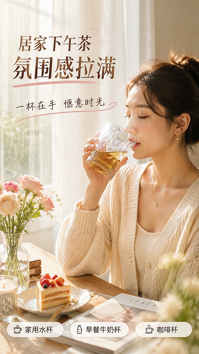 [第6屏] 人物使用展示（居家下午茶）——女性手持幻彩扭扭杯饮用场景。本屏使用【图5】的幻彩款杯子作为产品主体，保持杯子外形扭纹尺寸完全不变，添加人物手持饮用动作。
[氛围/风格] 温馨居家ins风，下午茶氛围，柔和自然光，生活方式摄影质感。
[元素布局] 画面右侧一位年轻亚洲女性（肩线以上半身），手持幻彩扭扭杯举至唇边，正在饮用，杯子清晰可见占比约30%；左侧为居家下午茶场景：原木餐桌、小蛋糕、鲜花、杂志；背景为落地窗+白色纱帘，阳光洒入；杯子结构、扭纹、幻彩光泽与原图完全一致。
[光影质感] 左侧窗边自然光主照明，柔和暖调，人物发丝有金边光，杯身折射彩虹光斑，整体温暖明亮，氛围感强。
[配色色系] 全局底色暖米白渐变#FFF9F0；主色原木暖棕+肤色；辅助色马卡龙粉鲜花+幻彩杯光泽+白色纱帘。
[视角构图] 中景半身，人物偏右，左侧留空做标题区，阅读动线左上标题 → 人物杯子 → 底部信息。
[文字版式] 左上标题区+右侧人物版式。主标题「居家下午茶 氛围感拉满」，副标题「一杯在手 惬意时光」，手写体+黑体搭配；底部信息条「家用水杯 · 早餐牛奶杯 · 咖啡杯」三个标签；文字不遮挡人物面部和杯子。
[比例分辨率] 9:16竖版比例，4K分辨率，文字清晰可辨，高清画质。
[负向提示词] 杯身变形，扭纹改变，尺寸失调，人物面部扭曲，水印，文字错乱，产品模糊。