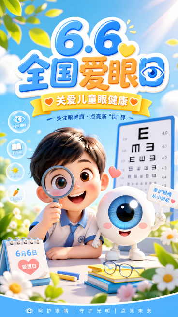 6月6日全国爱眼日主题海报，关爱儿童眼健康，风格活泼有质感，画面有可爱的儿童和眼睛元素，温馨明亮的配色，包含主题文案"6.6全国爱眼日"和"关爱儿童眼健康"预览效果