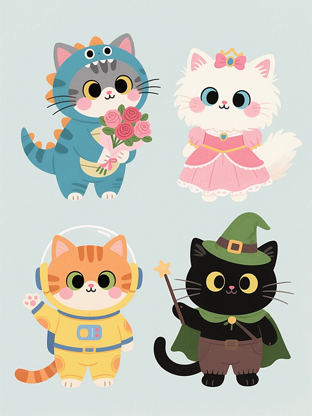 插画风扁平设计，四只拟人猫咪分别化身恐龙、公主、宇航员与巫师，充满可爱感与梦幻感，色彩柔和温馨，趣味十足，适合节日主题。