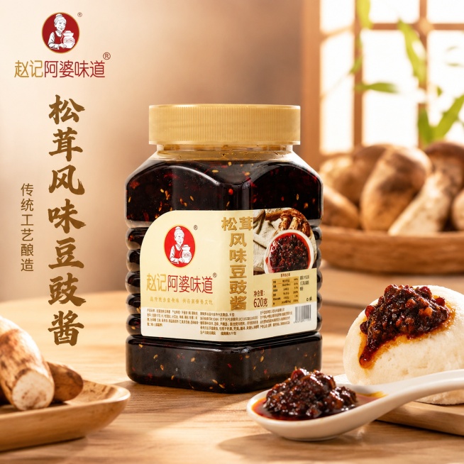 「图片1」，生成一套主图（5张），商品名称是松茸风味豆豉酱，卖点是传统工艺调味品，适配淘宝/天猫平台，主图比例为1:1预览效果