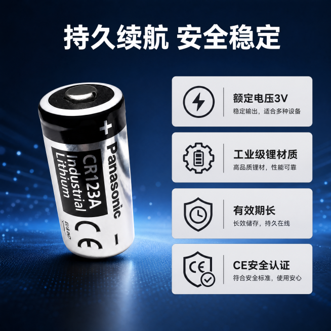 [主图-4] 产品核心优势卖点展示主图
[氛围风格] 科技参数风，清晰传递产品优势
[画质] 商业摄影质感、光线柔和通透、产品清晰真实、画面干净高级
[元素] 保持松下CR123A锂电池产品外观与输入预览效果