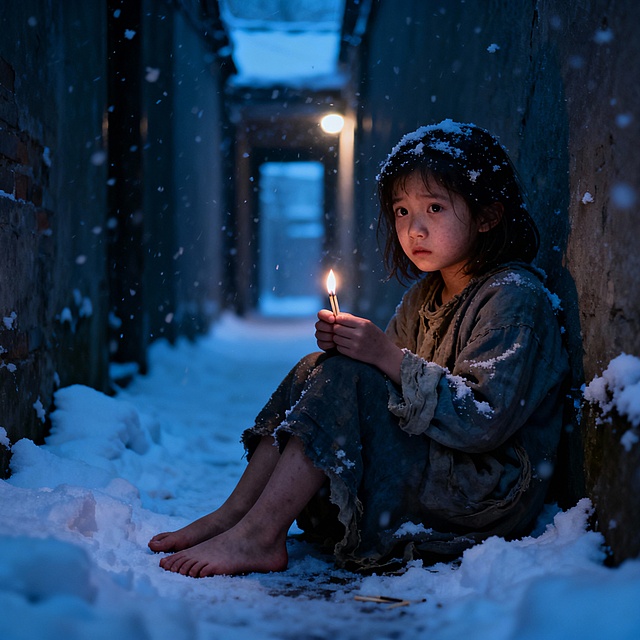 卖火柴的小女孩
雪夜巷口，赤足女孩手执烛火，光影交织，油画质感中弥漫静谧与沉郁，粒子飘雪诉说冬日故事。