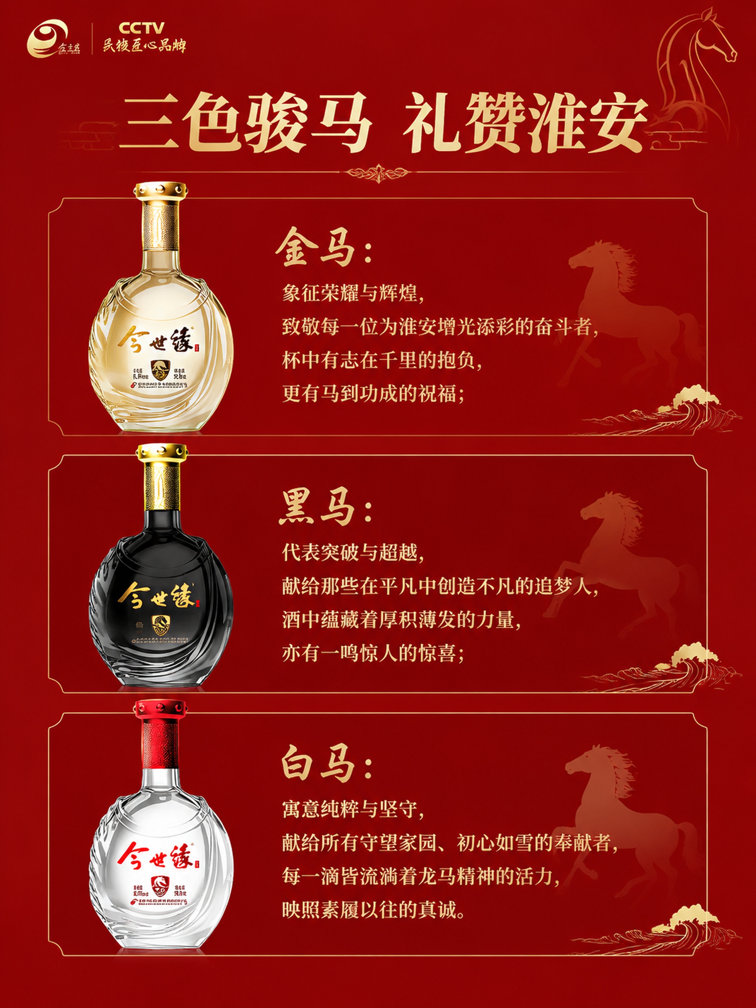 [第3屏] 今世缘大淮系列三款酒寓意解读页，分别介绍金马、白马… - 图片创意预览