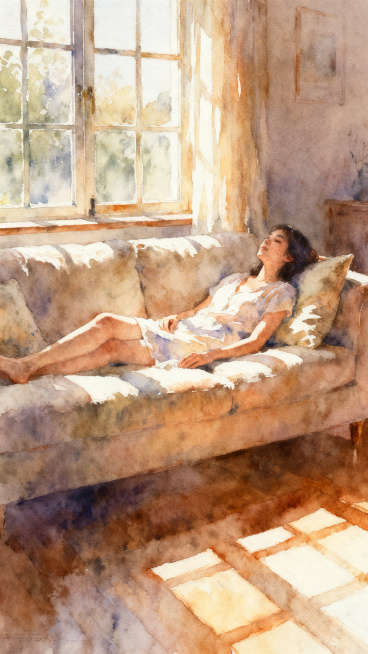 水彩风格，画面温暖治愈，温暖的阳光照进房间，女性轻松地躺在沙发上，氛围慵懒惬意预览效果