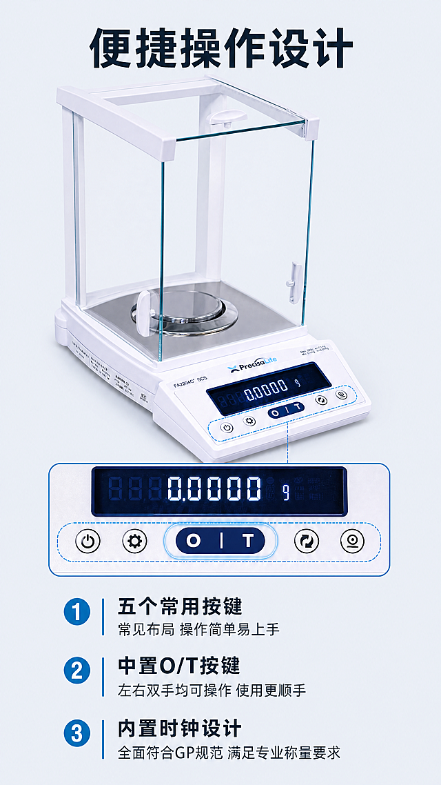 使用商品详情页技能根据商品图「图片1」生成详情页，参考图为，商品名称为普利赛斯电子天平，卖点为五面玻璃防静电 数据更稳定，高清VFD显示数据一目了然，5个常见按键操作简单易用，，中置O/T按鍵左右均可操作，内置时钟全面符合GP规范，铸铝外壳、整洁外观坚固耐用、减少干扰 后置水平泡及调节脚，适配平台为淘宝/天猫，图片比例为9:16，需求屏数为8张，