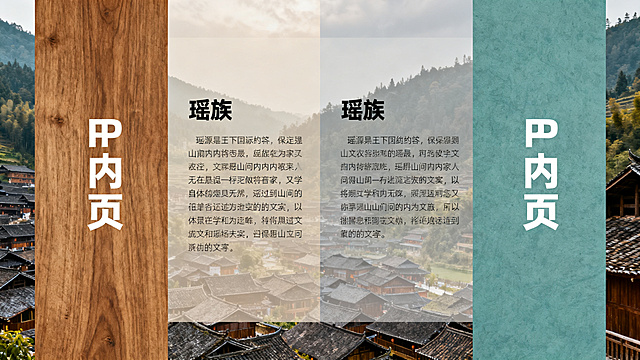 瑶族国风PPT内页版式四，两栏文字对比排版，配色提取暖棕、木色、青灰，国风简约风格，使用思源黑体，保留山间村寨背景氛围，分别预留两栏文字区域